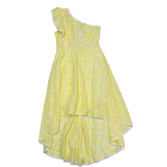 Melloday Dress M Yellow Embroidered Floral One‎ Shoulder Hi Low Midi Cottagecore - Picture 1 of 13